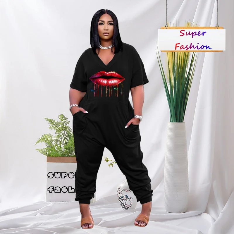 

S-5XL Summer 2023 Women Clothing Plus Size Jumpsuits Fashion Printing Short Sleeve Loose Casual Sport Long Romper Female Outfits
