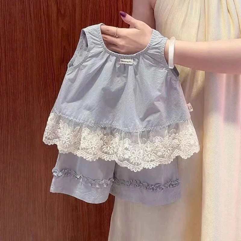 

2026 Summer Girls Lace Trim Sleeveless Top Wide Leg Pants Casual 2Pcs Outfit for 73-110cm