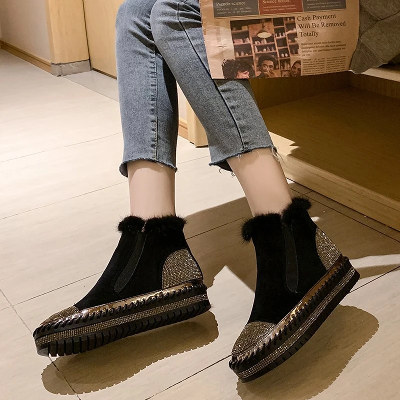 Warm Real Mink Fur Shoes Women Luxury Crystal Hand Stitching Leather Winter Large Size High Platform Shoes Slip-on