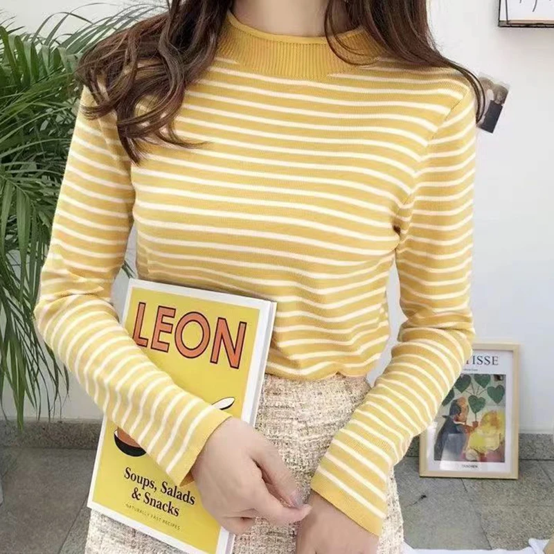 Women Round Neck Stripes Sweaters Slim Elastic Long Sleeve Casual Pullovers Knitted Warm Tops For Women 2023 Autumn Winter