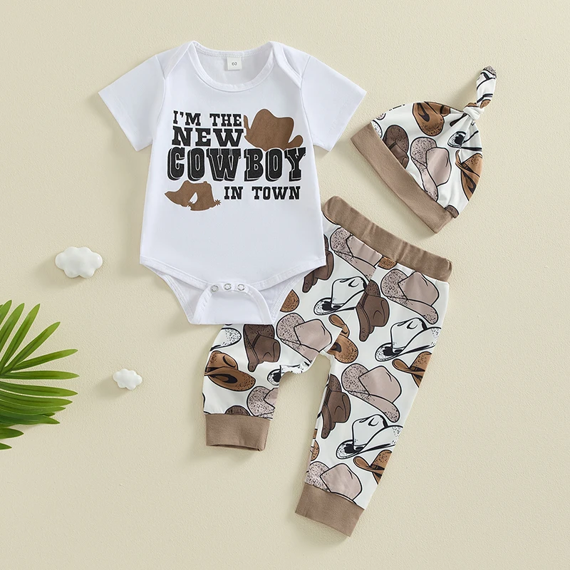 Baby Boys Summer Outfits Letter Print Crew Neck Short Sleeve Rompers Cowboy Hat Print Long Pants Hat 3Pcs Clothes Set