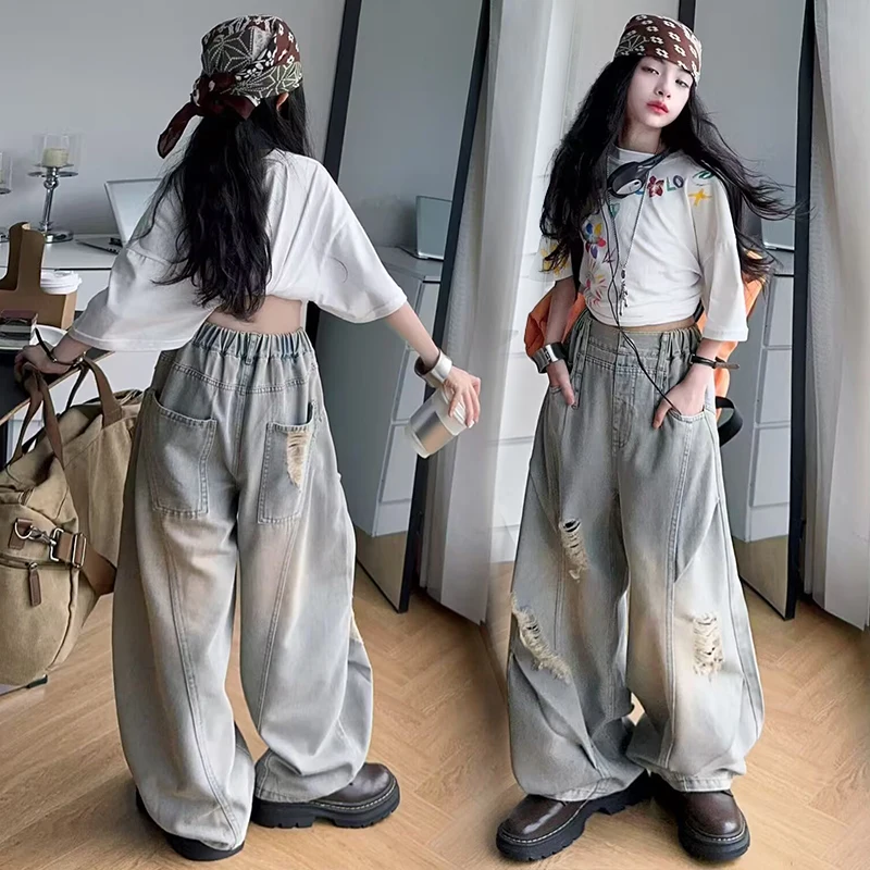 

Young Girls Jeans Teen Girls Denim Teenage Vintage Trousers With Hole Toddler Girl Casual Denim Kids Softy Trousers Age 4-14Y