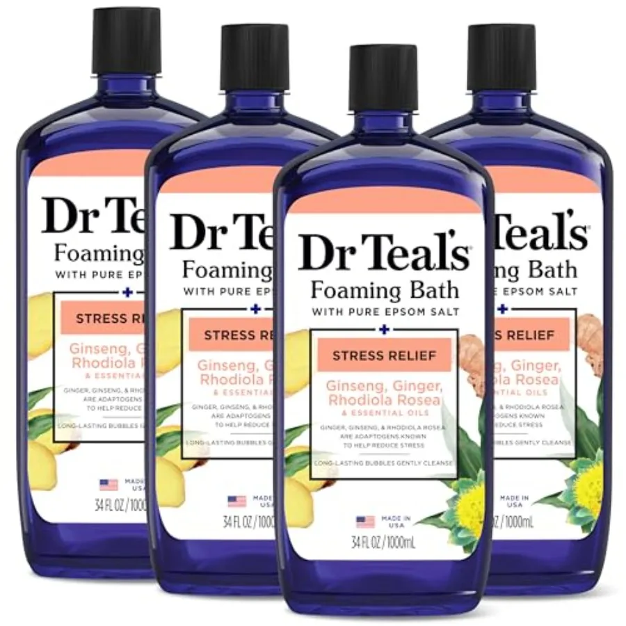 Foaming Bath with Pure Epsom Salt, Stress Relief with Ginseng and Ginger, 34 fl oz Pack of 4