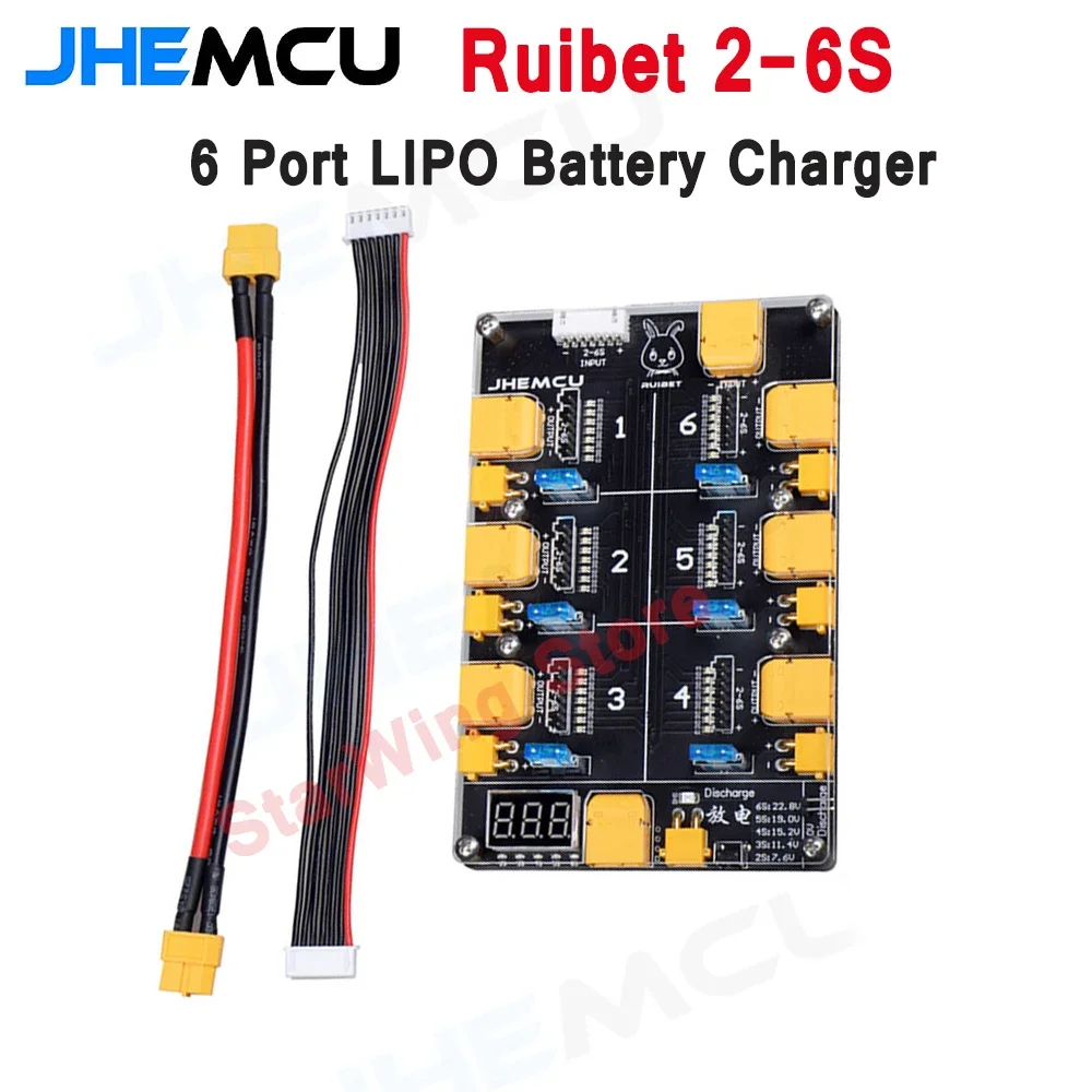 

JHEMCU Ruibet 2-6S 6-портовое зарядное устройство LIPO параллельная плата XT30 XT60 Дисплей напряжения Модуль разрядного устройства LIPO для RC FPV Drone