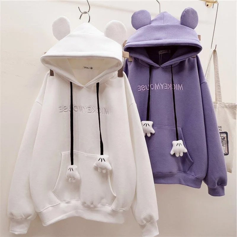 Cartoon Urso Orelhas Moletom Feminino, Hoodies Kawaii, pulôver casual coreano, Hoodie Harajuku solto de grandes dimensões