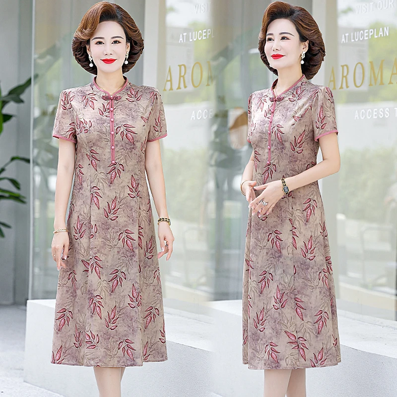 Cheongsam-vestido de seda con estampado Floral para mujer, traje informal ajustado de manga corta para verano