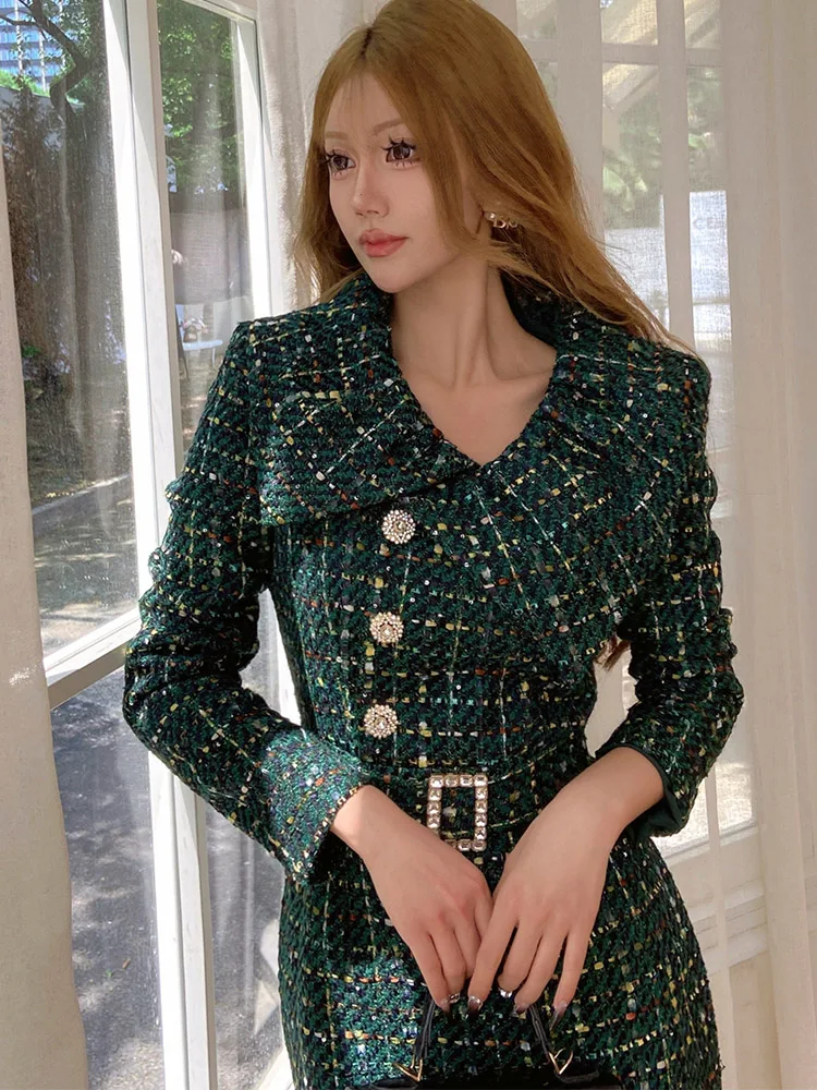 Dabuwawa Tweed Sequins Dress Luxury Women 2023 New Collection Vintage Empire Skirt Light Weight Fancy Suiting DM1DDR003