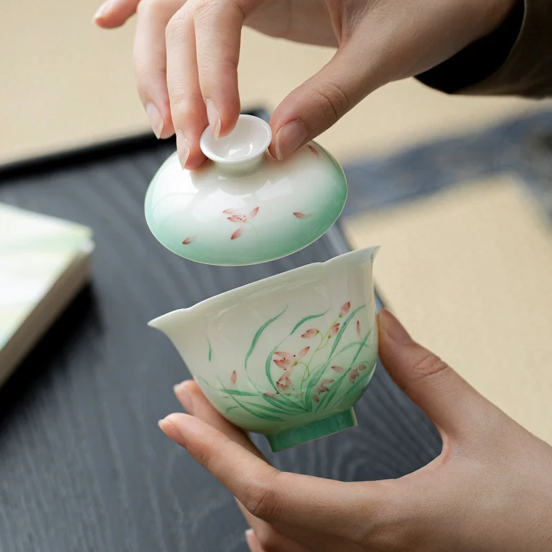 Jade Clay White Porcelain Flower Mouth Hand-painted Orchid Gaiwan Household Thin Body Imitation Hot Bowl Kung Fu Tea Set Gai