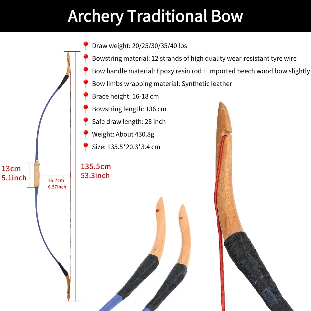 20-40Lbs Traditional Bow 53" Split Longbow Leather-wrapped Grip Comfortable Takedown Bow RH/ LH Archery Target Hunting Long Bow - view 6