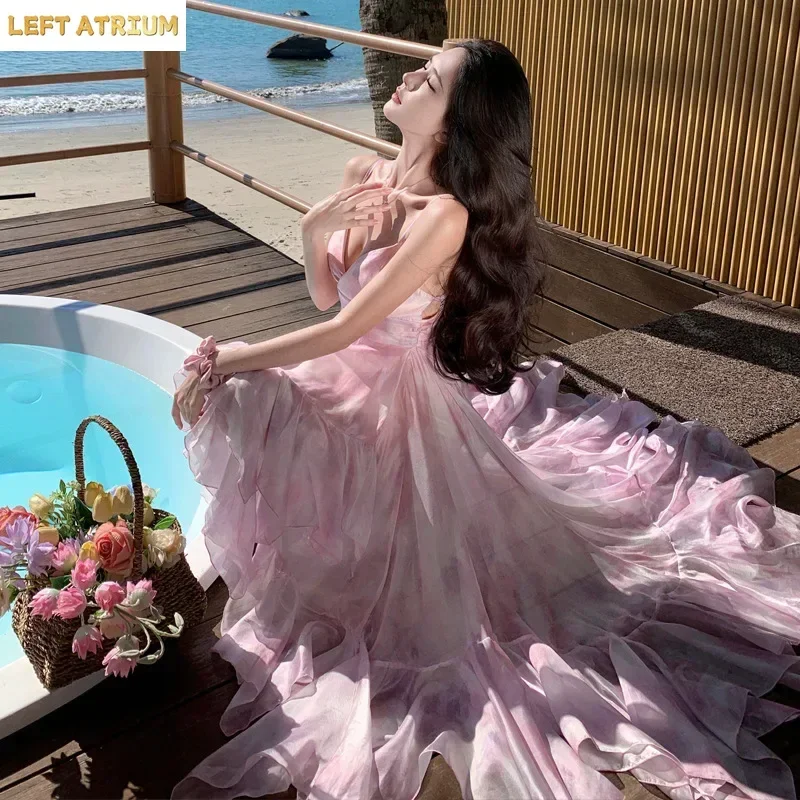 

2025 Birthday Beach Dress Casual Holiday Dresses For Women Fashionable Irregular Pleated Skirt Elegant Multi-layered Tank Gown
