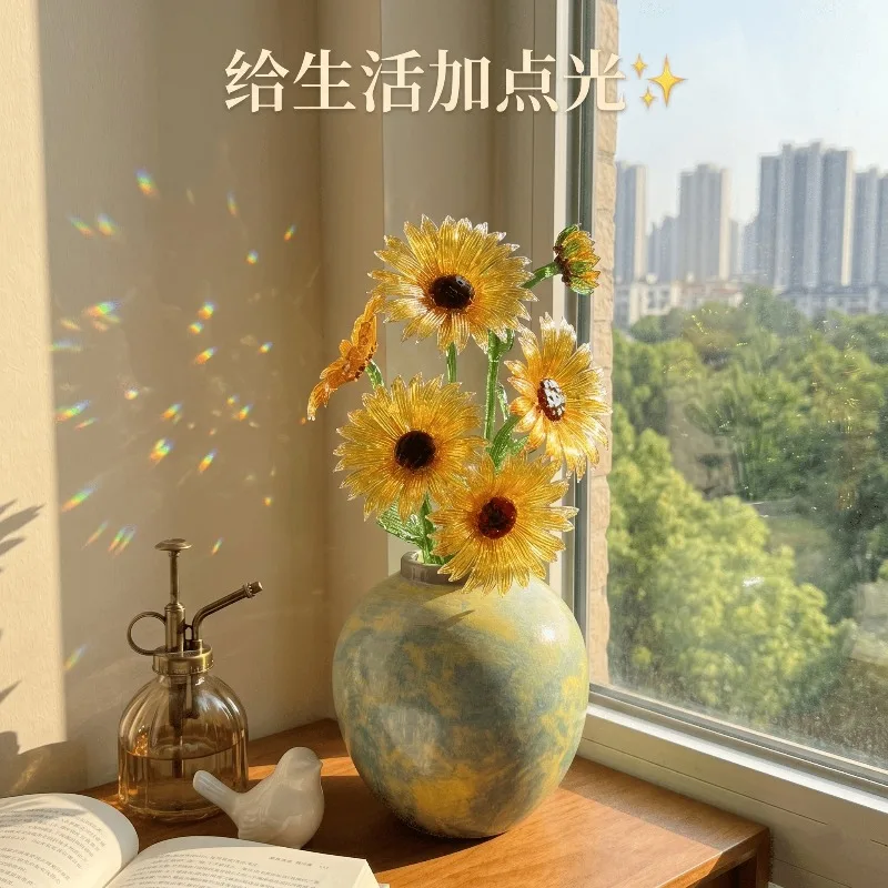 Glazed sunflower flower handmade glass sunflower ornament living room high-end home decoration birthday gift