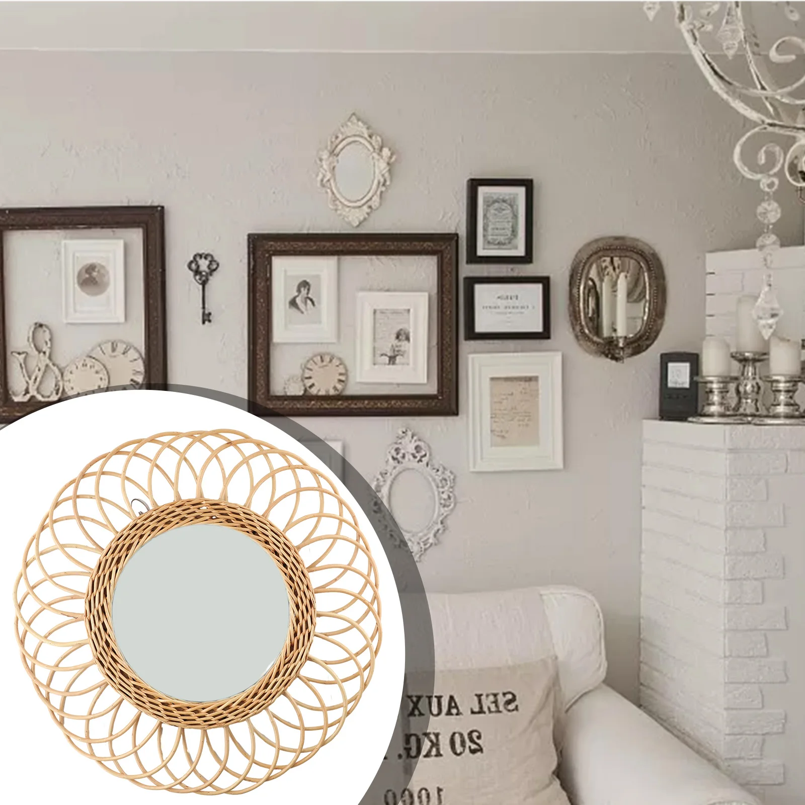 Wall Mirror Rattan Round Mirror Home Decoration 40x40cm 740g Rattan Round Dressing Mirror Hand-woven Decorative