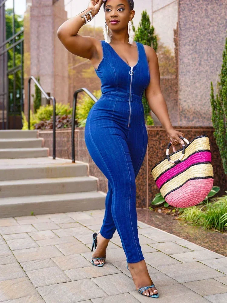 GUWU 섹시한 프론트 지퍼 v 넥 데님 점프 슈트 여성용 파티 나이트 민소매 Bodycon Romper Elastic Jeans 오버올 Clubwear