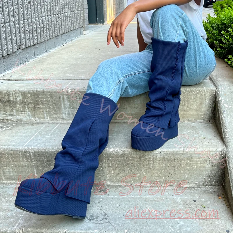 Knit Fold Over Knee High Boot Platform Thick Sole Fringe Stretch Sock Chunky Block Heel Shoes Round Toe Fashion Elegant Concise