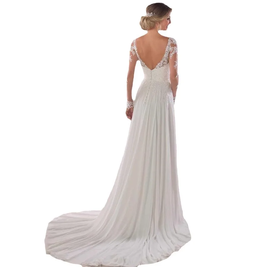 Elegant V-neck Appliqué Lace A-line Chiffon Wedding Dress Long Sleeve Sweep Train Backless Women Wedding Gowns Bride Dresses image 5