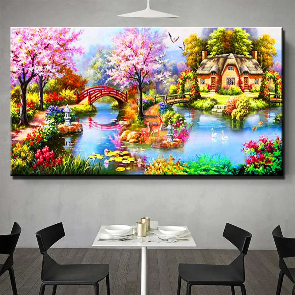 Big Size Romantic City Diamond Painting Pink Tree River Bridge Landscape cross stitch diamond embroidery Village Cabin Mosaic