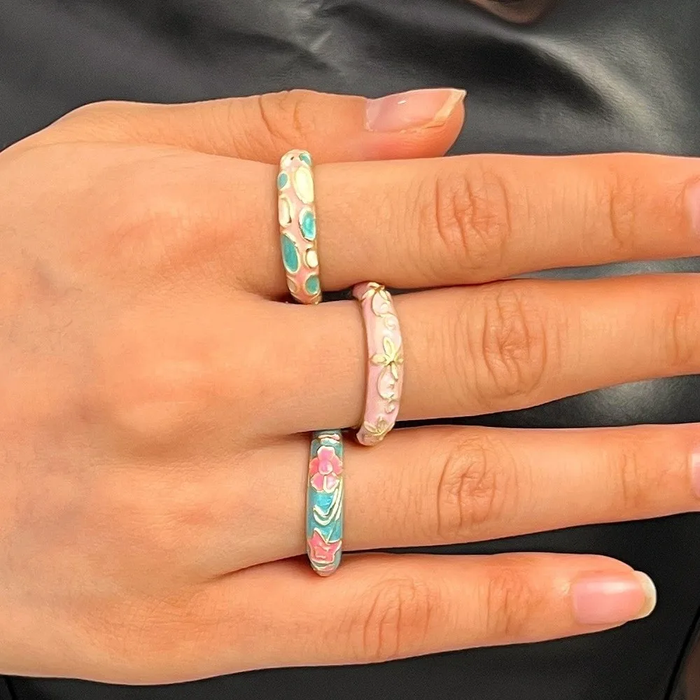 Fashion Chinese Style Drip Oil Ring Vintage Colorful Enamel Statement Ring Ethnic Adjustable Floral Pattern Ring Engagement