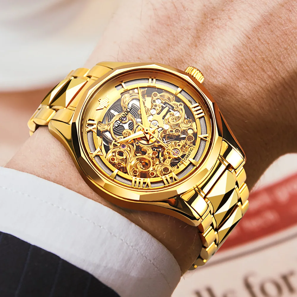 OUPINKE Original Top Brand Automatic Watch for Men Mechanical Gold Watches Skeleton Sapphire Crystal Waterproof Man Wristwatch