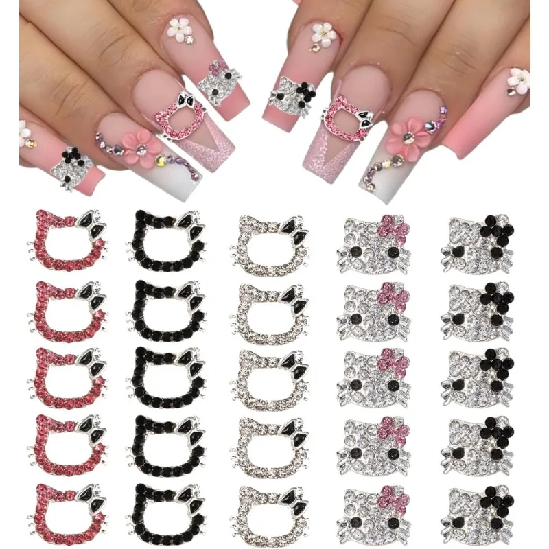 10pcs Hello Kitty Nail Charms Y2K 3D Rhinestones Gems Silver Diamond Nail Jewelry DIY Nail Art Decoration Supplies