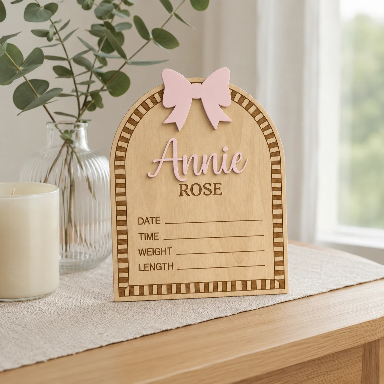 Custom Arch Baby Bow Birth Announcement Wooden Name Plaque,Newborn Photo Prop, Nursery Tabletop Decor, Baby Shower Keepsake Gift