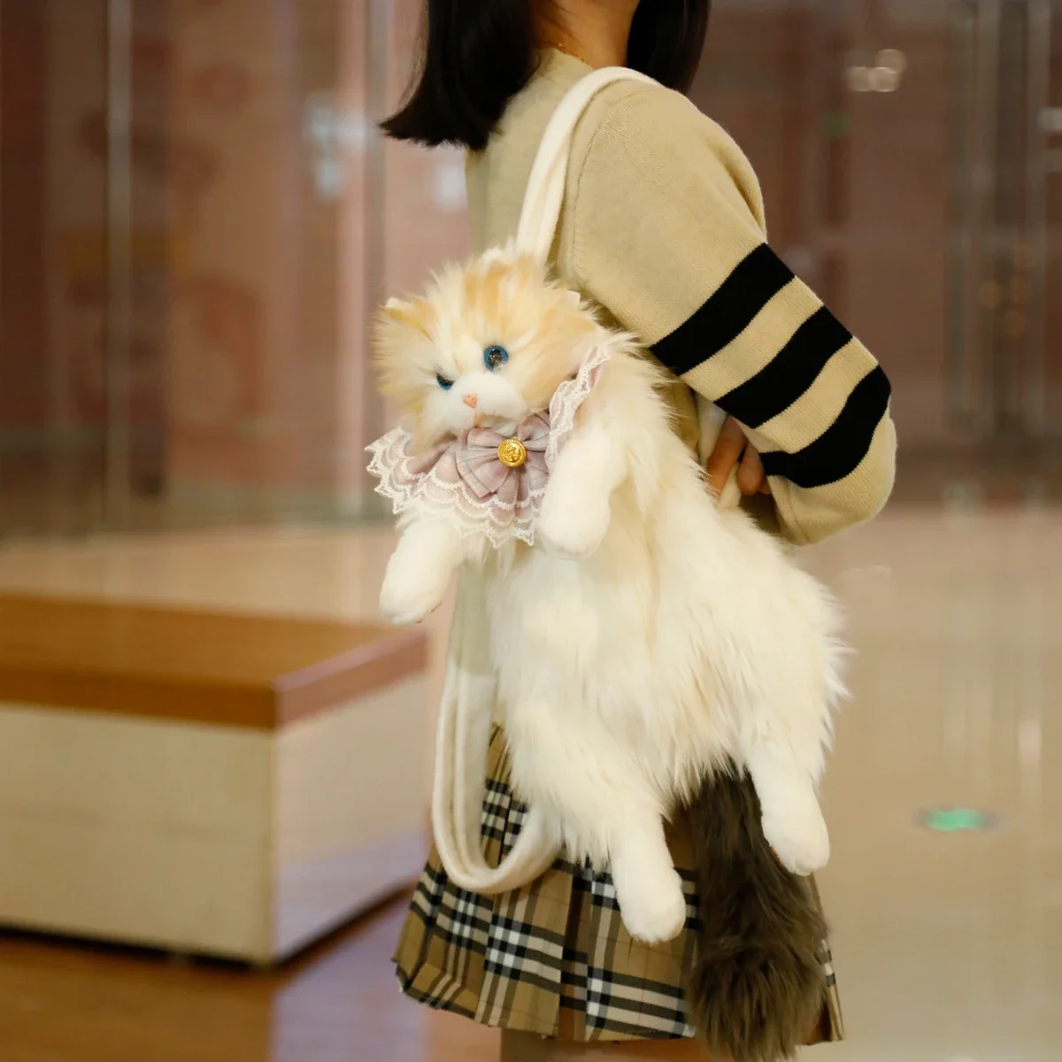 Рюкзак с милым плюшевым котом — реалистичная 3D бархатная сумка через плечо на молнии, легкая и стильная для ежедневного использования ﻿