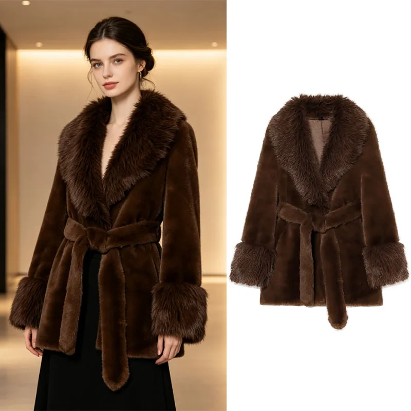 Women's dark brown faux fur coat with belt design, fuzzy cuffs, loose mid-length fit, warm and fluffy winter jacket