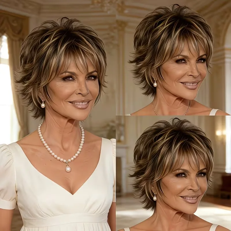 European and American middle-aged and elderly fashion short hair wig with brown highlights, layered bangs, lightweight and breat
