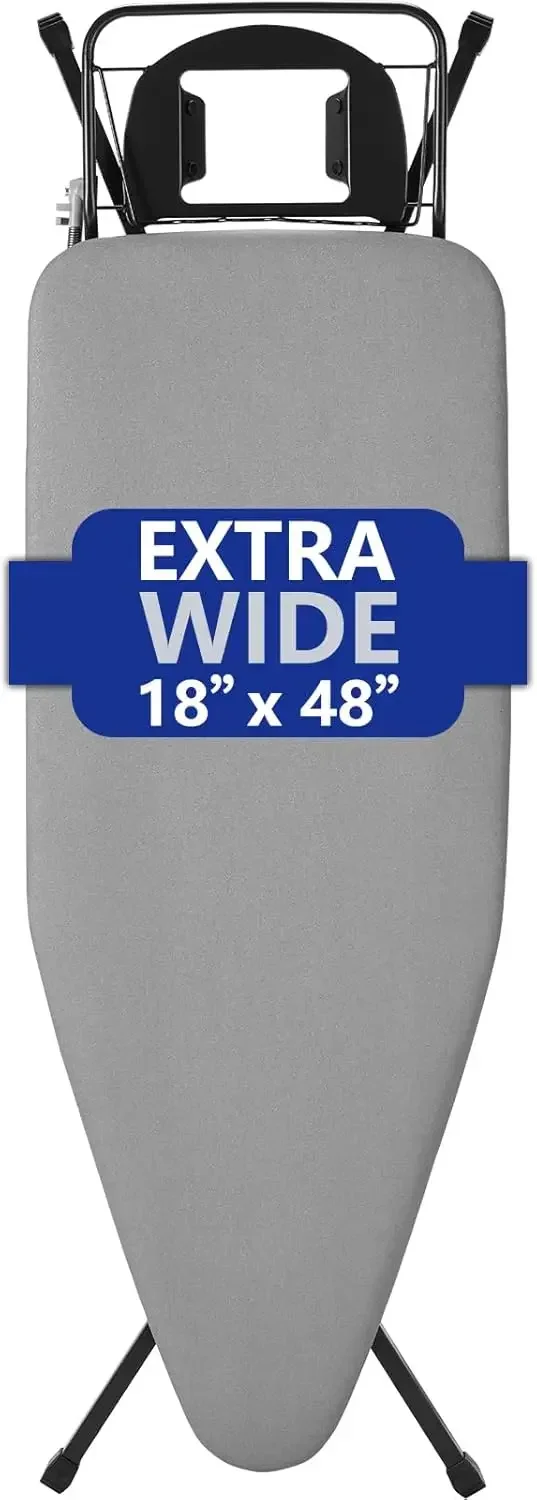 

Extra-Wide Ironing Board – 48"×18" Large Surface (57" w/Iron Rest) • Built-in Clothes Rack, Hanger & Cord Holder • Heat-Resistan