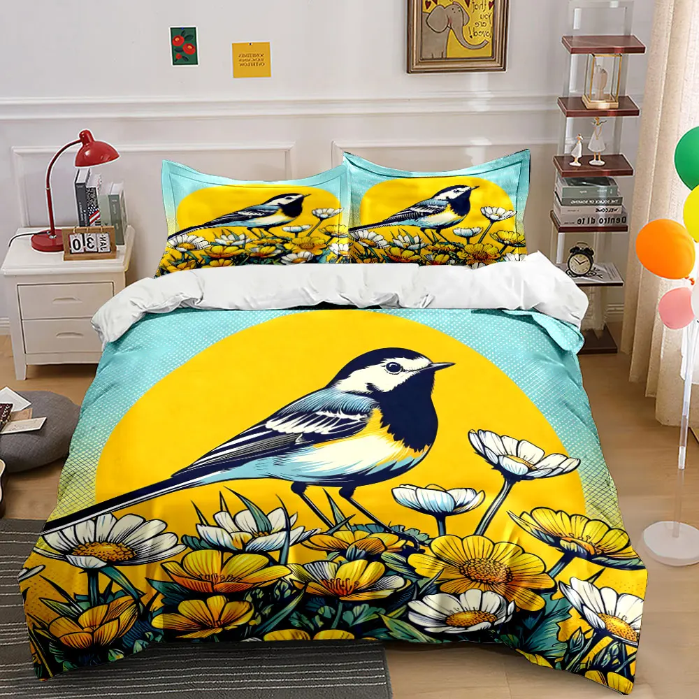 

Bird with flowers in yellow backdrop Pattern Duvet Cover Set Digital Print Colorful Polyester Bedding with Zipper Closur
