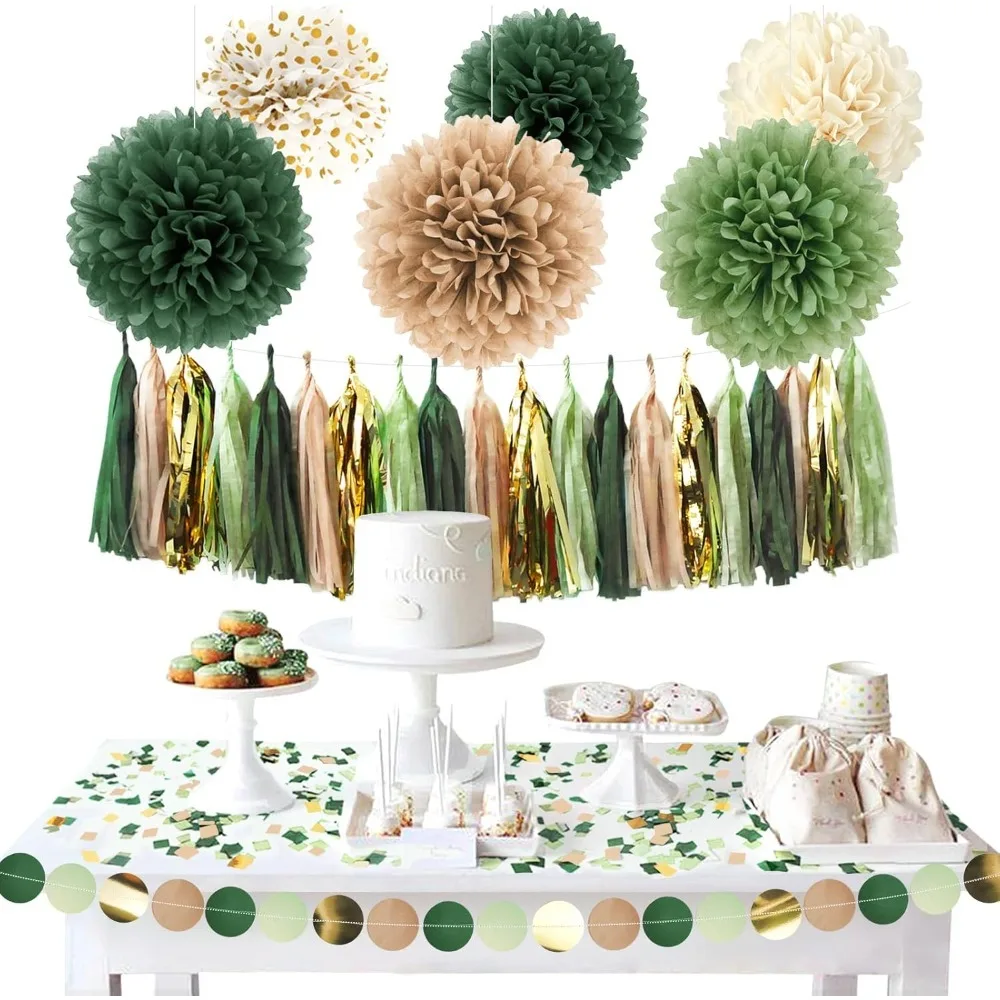

Зеленые украшения для свадебной вечеринки: 27 шт. помпонов из папиросной бумаги, гирлянда из круглых точек, бумажные кисточки, подвесной декор для девочек