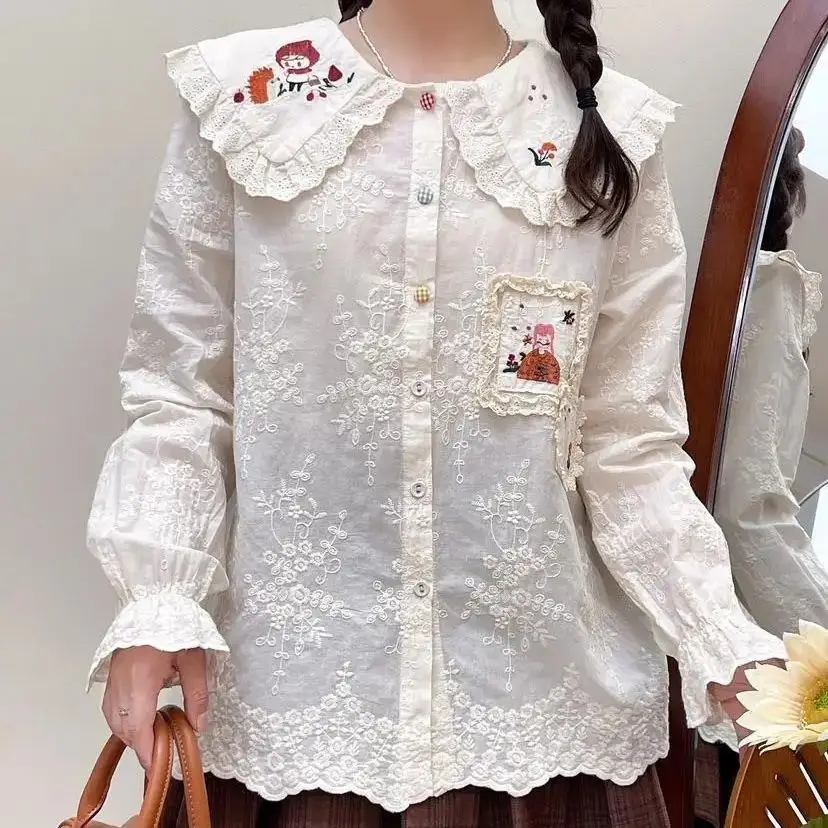 Japan Style Sweet Mori Kei Girls Loose Lace Patchwork Cotton Shirts/Blouses Women Cartoon Embroidery Blouses Tops Female