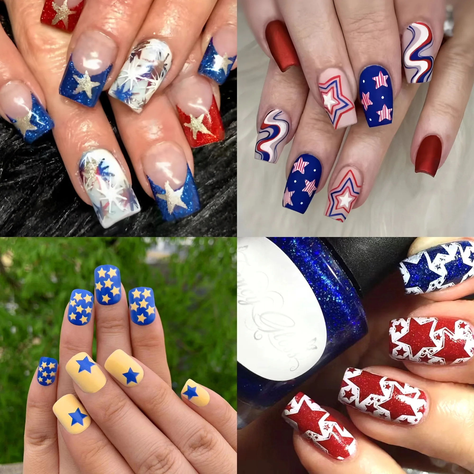 24Pcs Red/Blue Star Printed Fake Nails Independence Day Charm False Nails for Woman and Girls Square Head Press on Nails