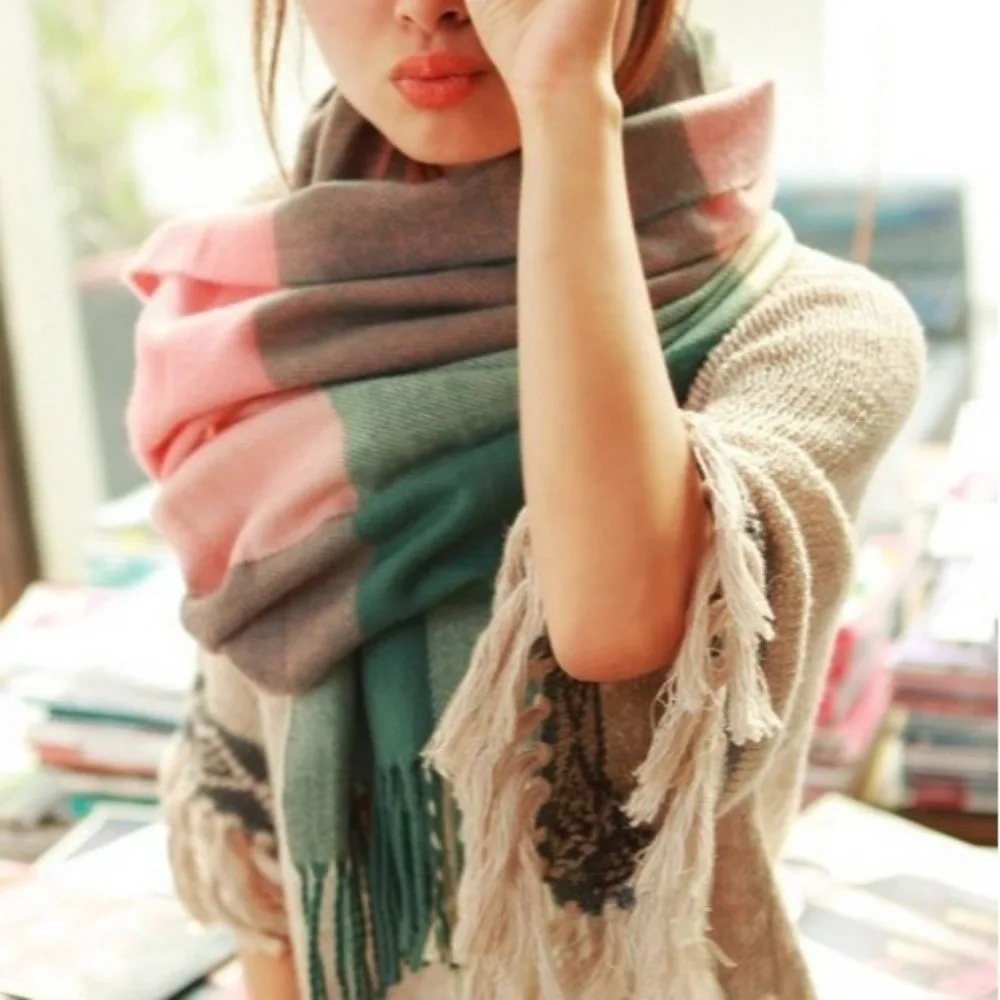 

Fashion Windproof Plaid Scarf Thick Keep Warm Imitation Cashmere Shawl Tassel Korean Style Shawl Wrap Men