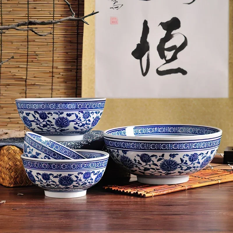 Ceramic Bowl Blue and White Porcelain Japanese Bone China Tableware Household Kitchen Supplies Rice Noodle 10 Inch Large Bowl