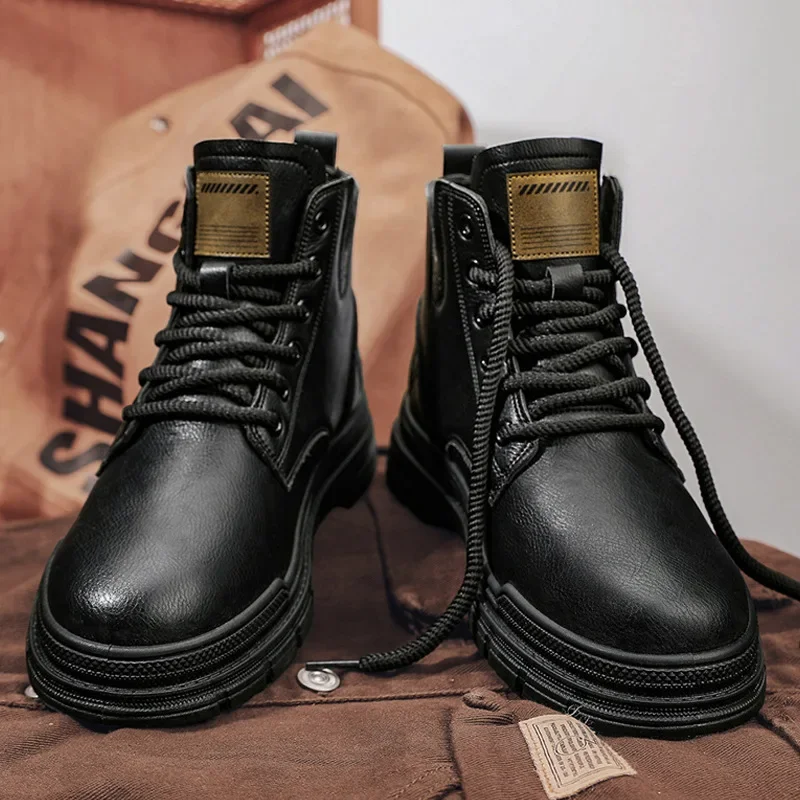 

Мужские повседневные высокие ботинки, повседневная мужская кожаная обувь, высокие ботинки на толстой подошве, кроссовки, джинсы и дышащая спортивная одежда