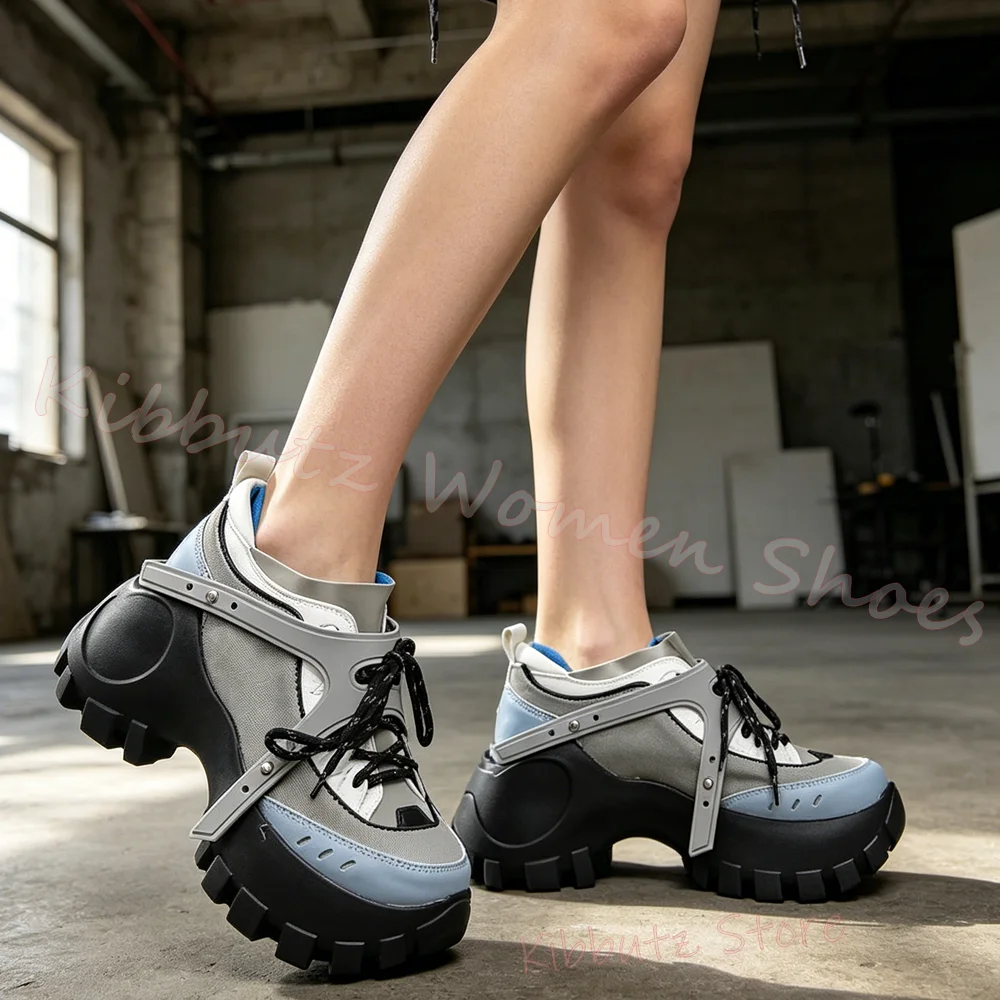 Women Platform Sneakers Chunky Sole Lace Up Shoes Mesh Sport Casual Round Toe Running Shoes Fashion Comfortable Mixed Color New