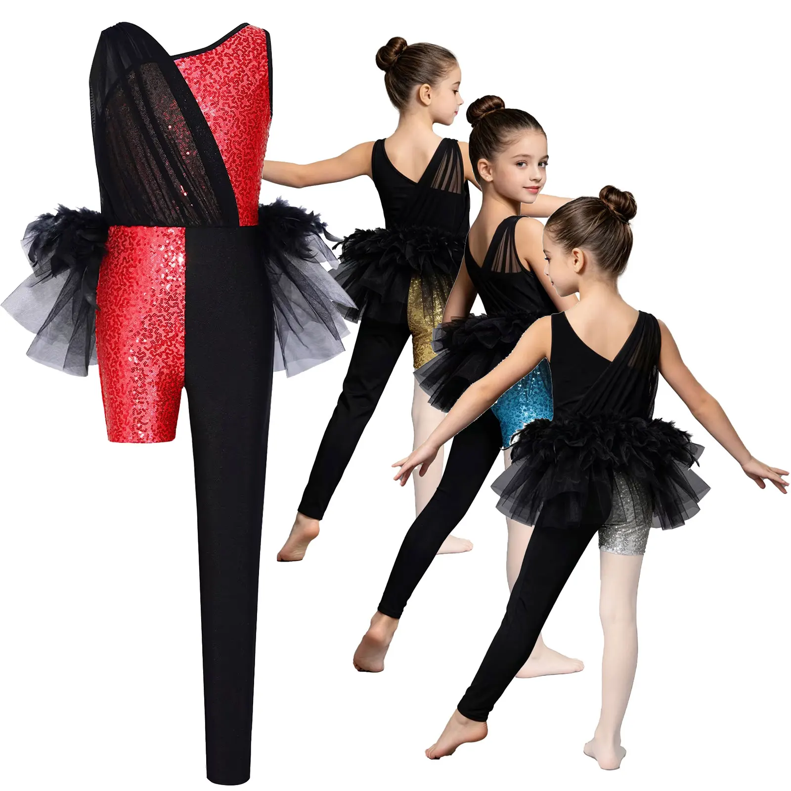 Kids Girls Sequins Jazz Ballet Dance Jumpsuit Color Block Leotard Feather Tulle Skirted Bodysuit for Performance Competition