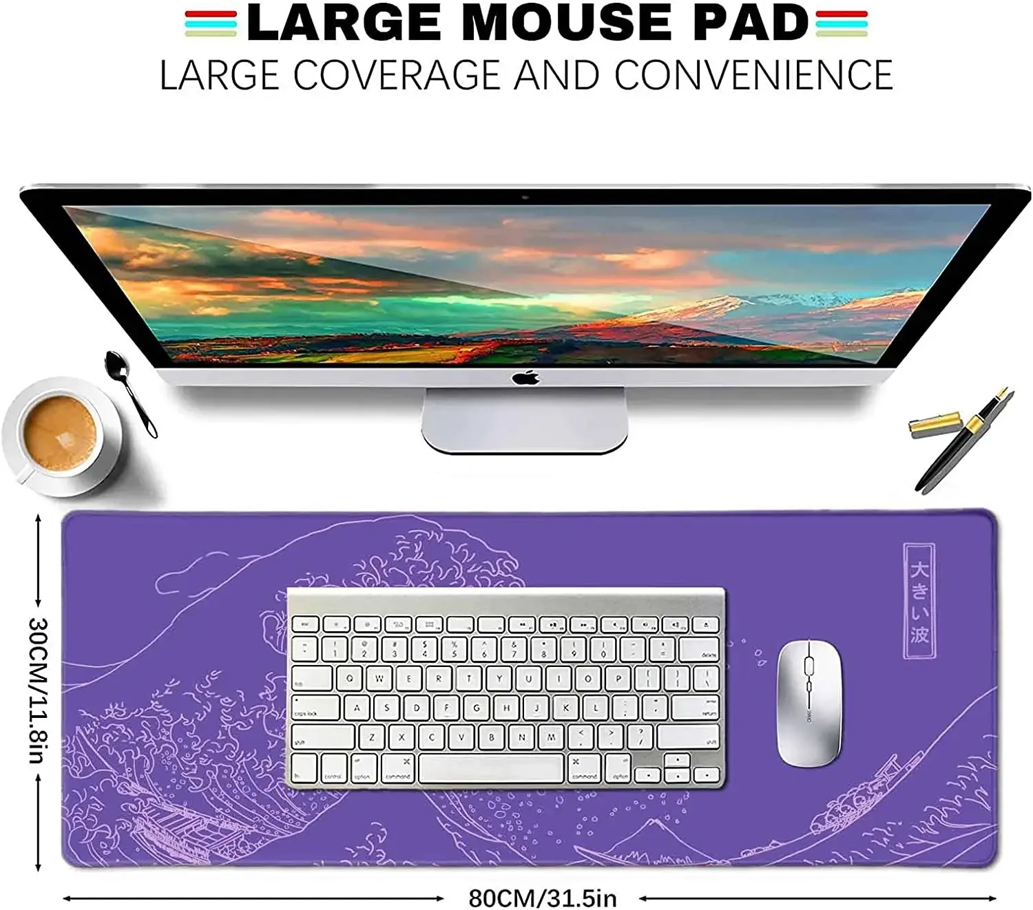 Great Wave XXL Gaming Mouse Pad Purple Minimalist Japanese Desk Mat Cute Gamer Aesthetic Mousepad Extended Non-Slip Rubber Base