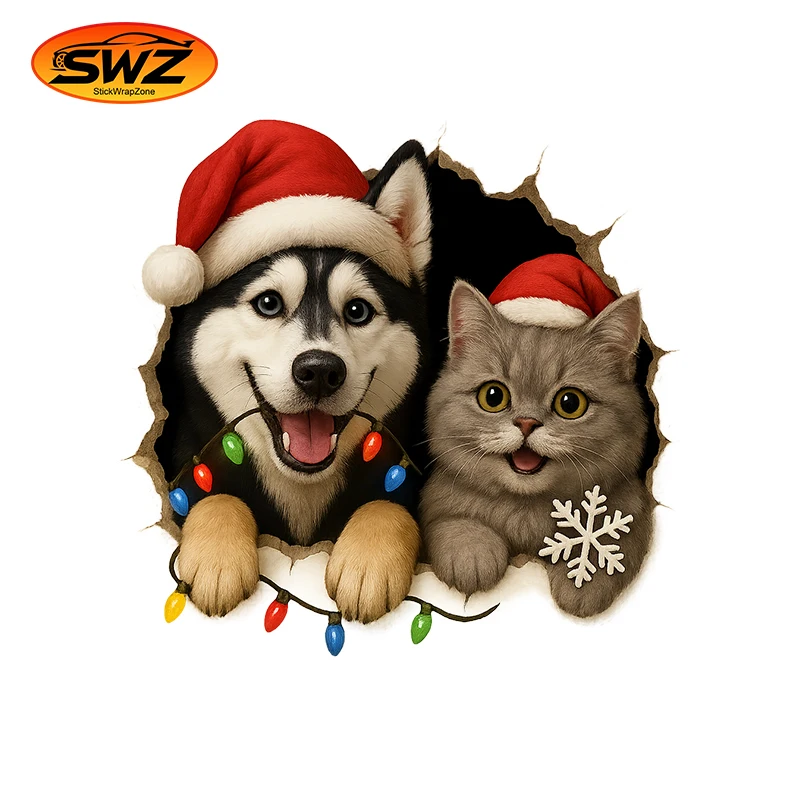 

Christmas Husky & Cat Peek Sticker – Holiday Santa Hat Vinyl Decal with Lights & Snowflake for Cars & Gifts