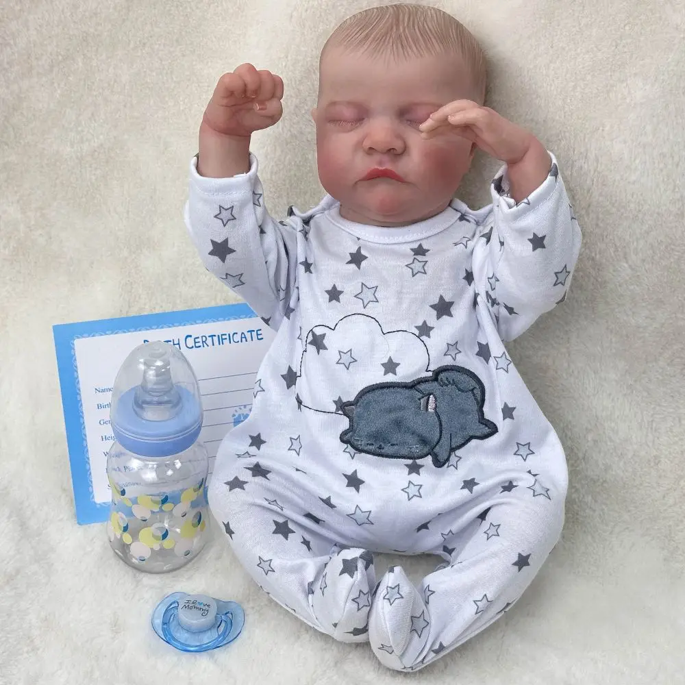 18-inch Vinyl Reborn Boy Doll | Closed-Eye Sleeping, Exquisite Facial Features, Hand-Painted Hair/Skin, Cartoon Star Pajamas