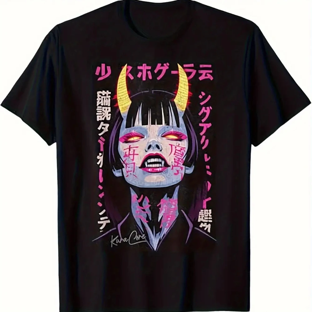 Men's Cyberpunk Anime Manga T-Shirt Japanese Streetwear Style Neon Graphic Tee with Edgy Manga Breathable Casual Wear Suitable