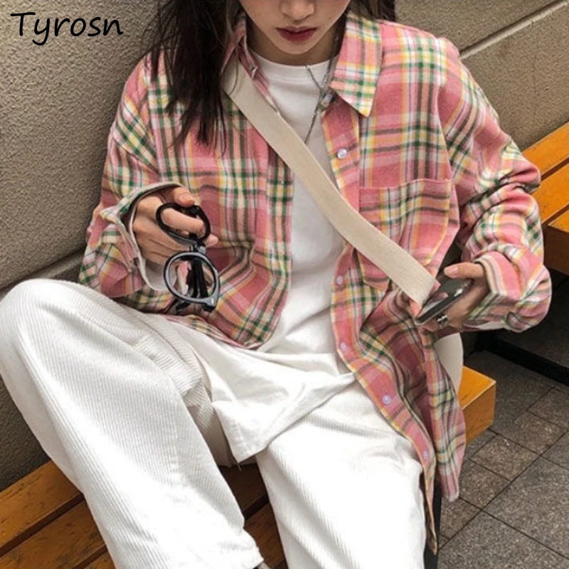 Plaid Shirts Streetwear Harajuku Baggy Leisure Korean Style Turn Down Collar Vintage All Match Spring Autumn Clothing Students