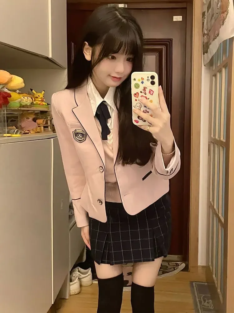 Preppy Suit Autumn And Winter Japanese Korea JK Pink Suit Jacket Knitted Vest Sweater Women Daily Improved Jk Uniform Set