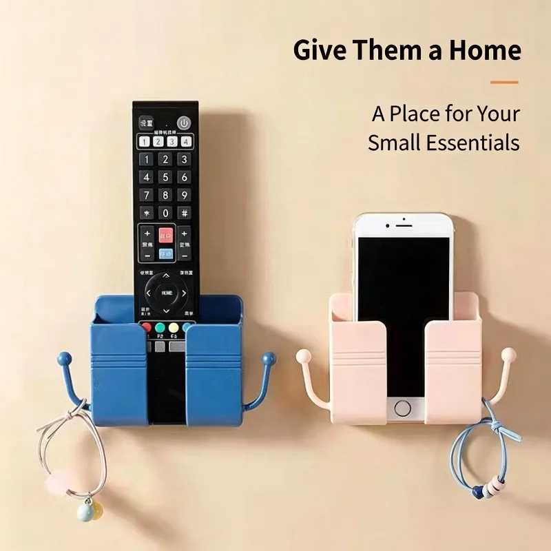 No‑Drill Wall Storage Organizer Multifunctional Adhesive Phone Remote Control Holder With Hooks Household Small Items Rack