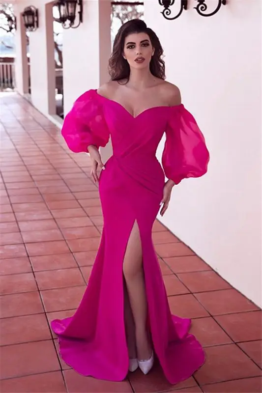 

Fuchsia Prom Dresses Off Shoulder Puffy Full Sleeves Mermaid Satin Organza Long Front Slit Formal Party Evening Gowns Elegant