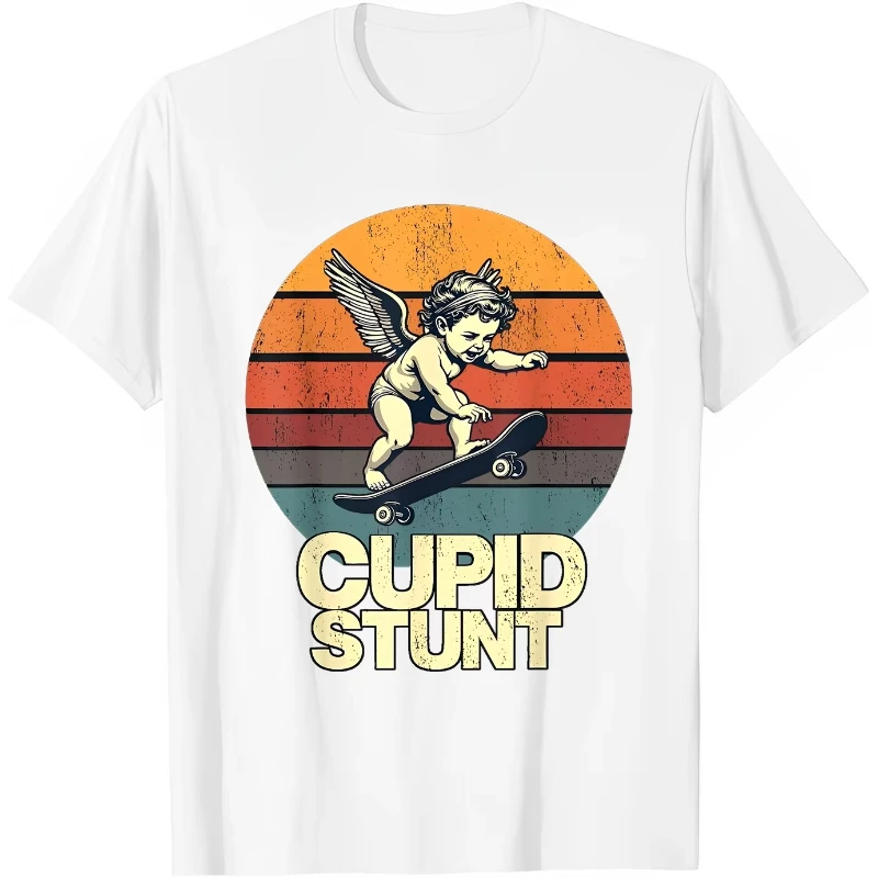 Vintage Cupid Skateboard Cupid Stunt Grafik-T-Shirt aus Baumwolle, kurzärmelig, übergroß, Unisex, Retro-Skater-Streetwear, lässige Oberteile – Detail 3