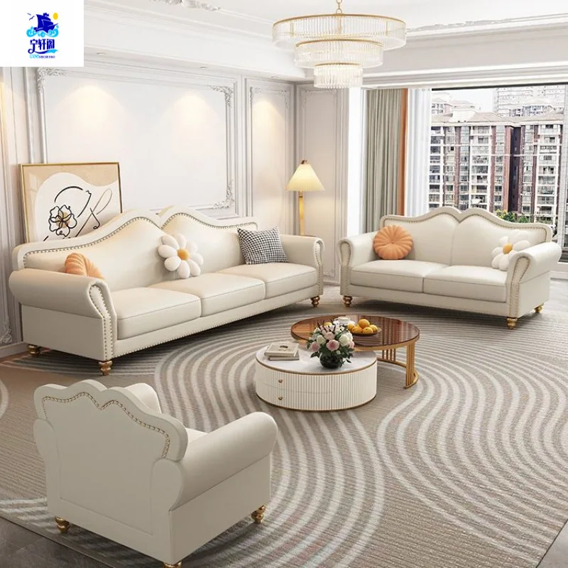 French Cream Style Leather Living Room Straight Row Four-person American Sofa Light Luxury Simple European Retro Corner