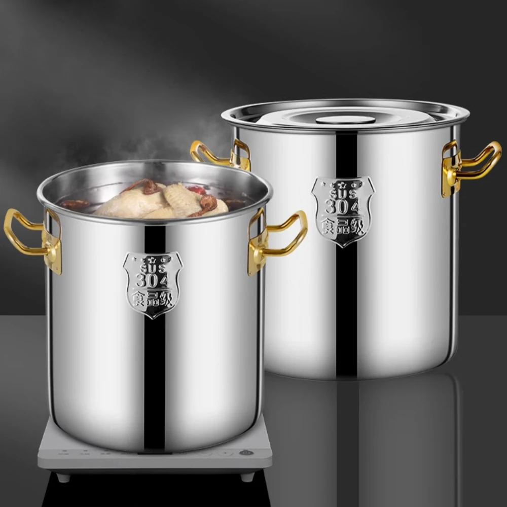 304 Stainless Steel Soup Barrel Thickened Round Bucket With Lid Commercial Soup Bucket Oil Barrel Household Large-capacity Pot