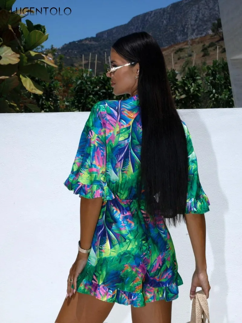 بذلة نسائية كلاسيكية مطبوعة بأكمام مكشكشة ، مثيرة مجوفة ، سراويل قصيرة كاجوال بأربطة ، ملابس حفلات منتجع متعددة الاستخدامات ، موضة