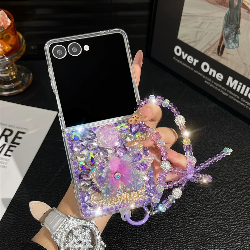 

For Samsung Galaxy Z Flip 7 FE 6 5 4 3 Flip7 5G Luxury Crystal Vivid Butterfly Flower Diamond Stone Pearl Wrist Phone Case Cover